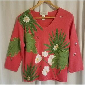 Vintage Susan Bristol Hand Embroidered Floral Pullover Sweater Cable Knit Size M